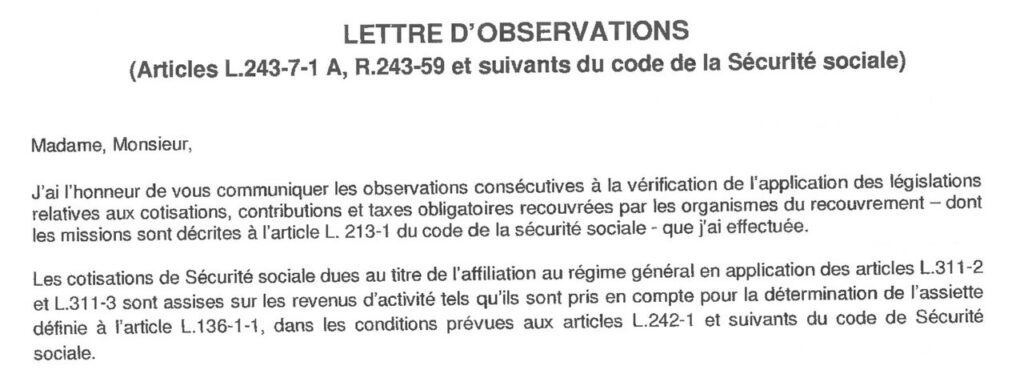 Lettre d'observations Articles L.243-1.1 A, R.243-59 du code de la sécurité sociale