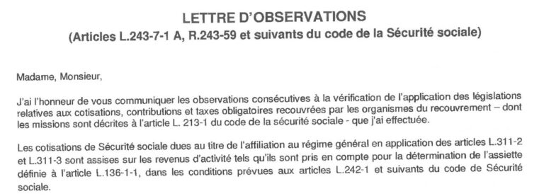 Lettre d'observations Articles L.243-1.1 A, R.243-59 du code de la sécurité sociale